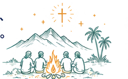 焚き火を囲むOHANAのイラスト