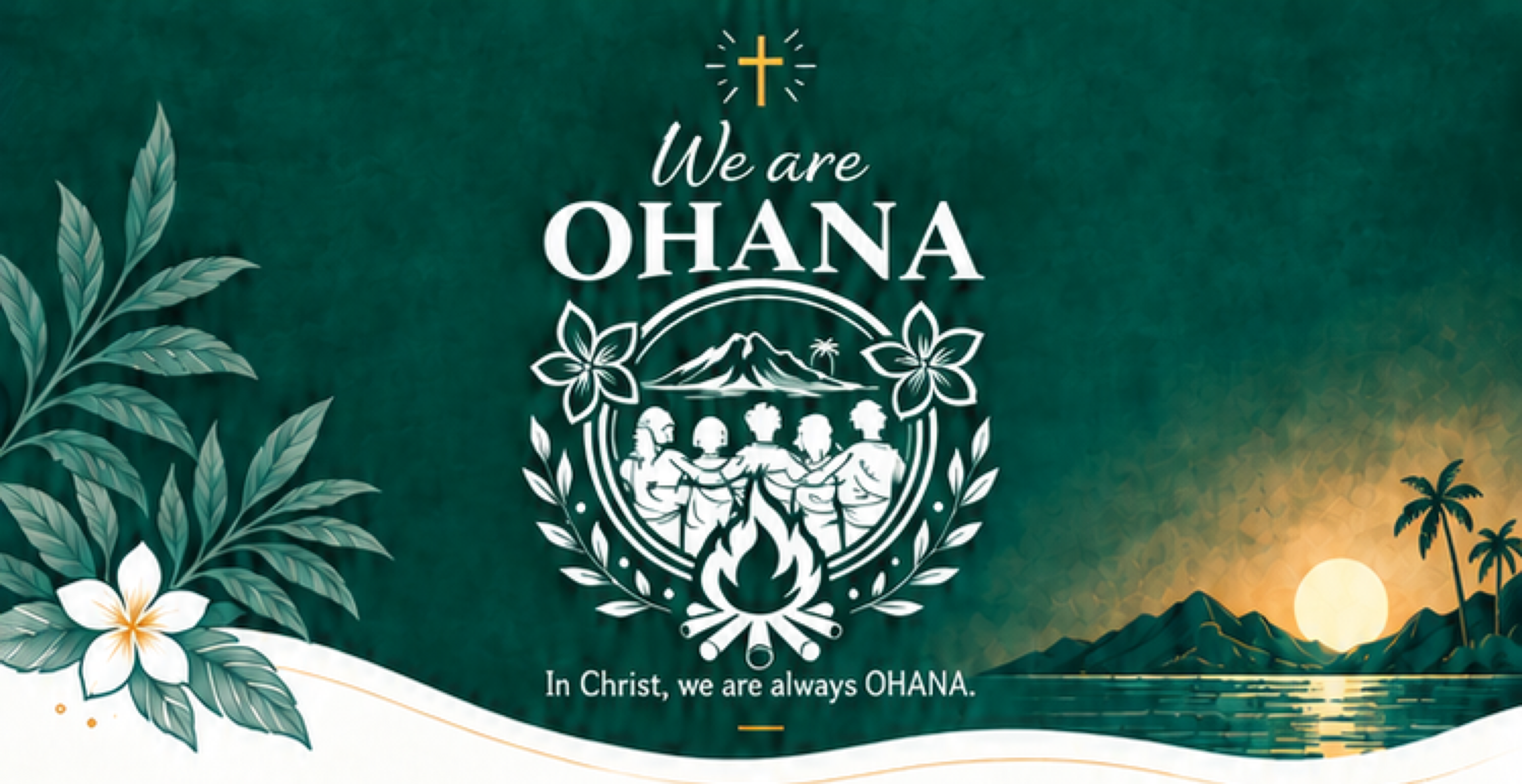 We are OHANA のロゴ、プルメリア、ハワイの海と夕陽